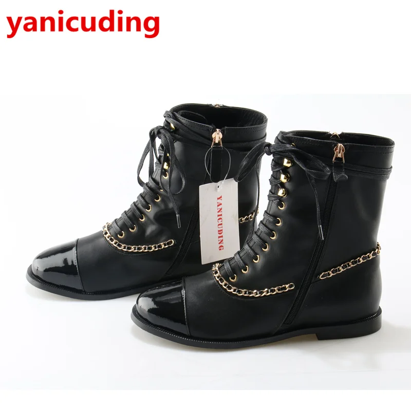 

Metal Chain Decor Round Toe Women Boots Black White Front Lace Up Zapatos Mujer Side Zip Short Booties Runway Super Star Shoes
