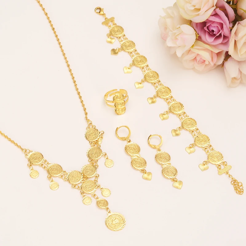 

Bangrui Necklace Earrings Ring Bracelet Big Coin Jewelry sets Gold Color Turkey Coins Arab Gifts A Africa Party