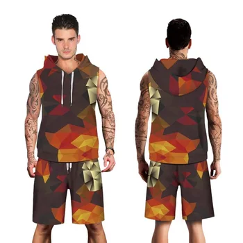 

Men Gym Fitness Sports Elastic Stretch Training Suits hooded vest+shorts Basketball Football printing Running Set