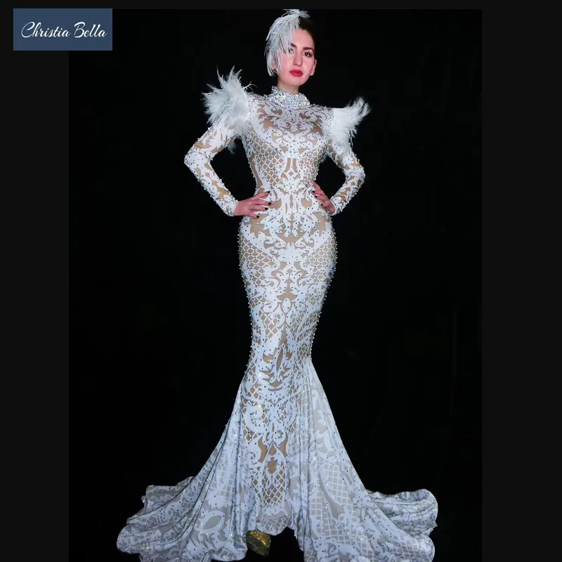 Nieuwe Elegante Vrouwen Print White Wedding Prom Mermaid Dress Feather Crystal Slim Party Lange Jurk Podium Zanger Prestaties Kostuums Nieuwe Elegante Vrouwen Print White Wedding Prom Mermaid Dress Feather Crystal Slim Party Lange Jurk Podium Zanger Prestaties Kostuums
