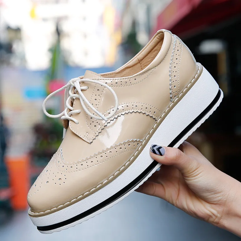 font b Women b font Platform Oxfords Brogue Flats Shoes Patent Leather Lace Up Pointed