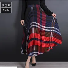 fashion vintage plaid chiffon pleated OL womens skirts summer stretch high wisted elastic waistband skirt women saia saias falda