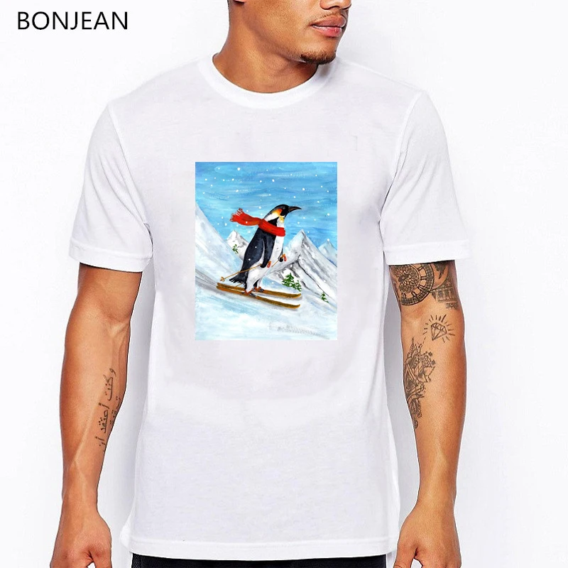 

Vintage Style Penguin Downhill Skiing animal printed tshirt men white funny t shirts tumblr clothes men t-shirt streetwear