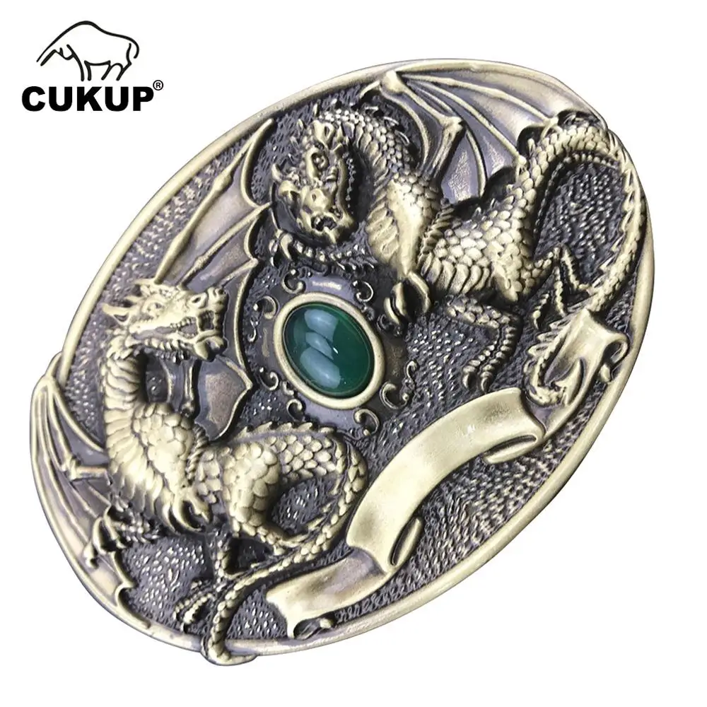 

CUKUP Western VS Chinese Dragon Decorative Brass Buckle Metal Real Jade 3.7-3.9cm Wide Belt Cowboy Buckles Only for Men BRK020