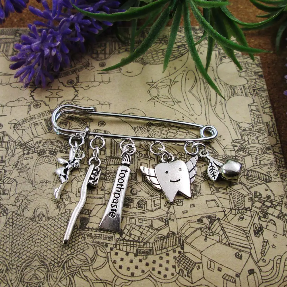 

Dental Hygiene Silver Pin Brooch Toothbrush Toothpaste Teeth silver plated charm brooch