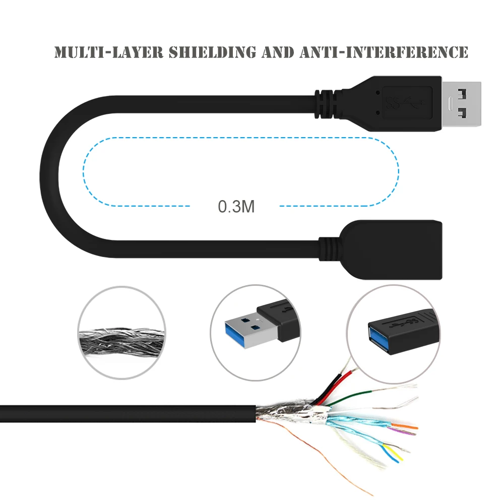 Универсальный USB 3,0 кабель-удлинитель 0,3 м/1 м USB штекер A до USB3.0 Женский Кабель-адаптер для синхронизации данных для компьютера, компьютера, мыши