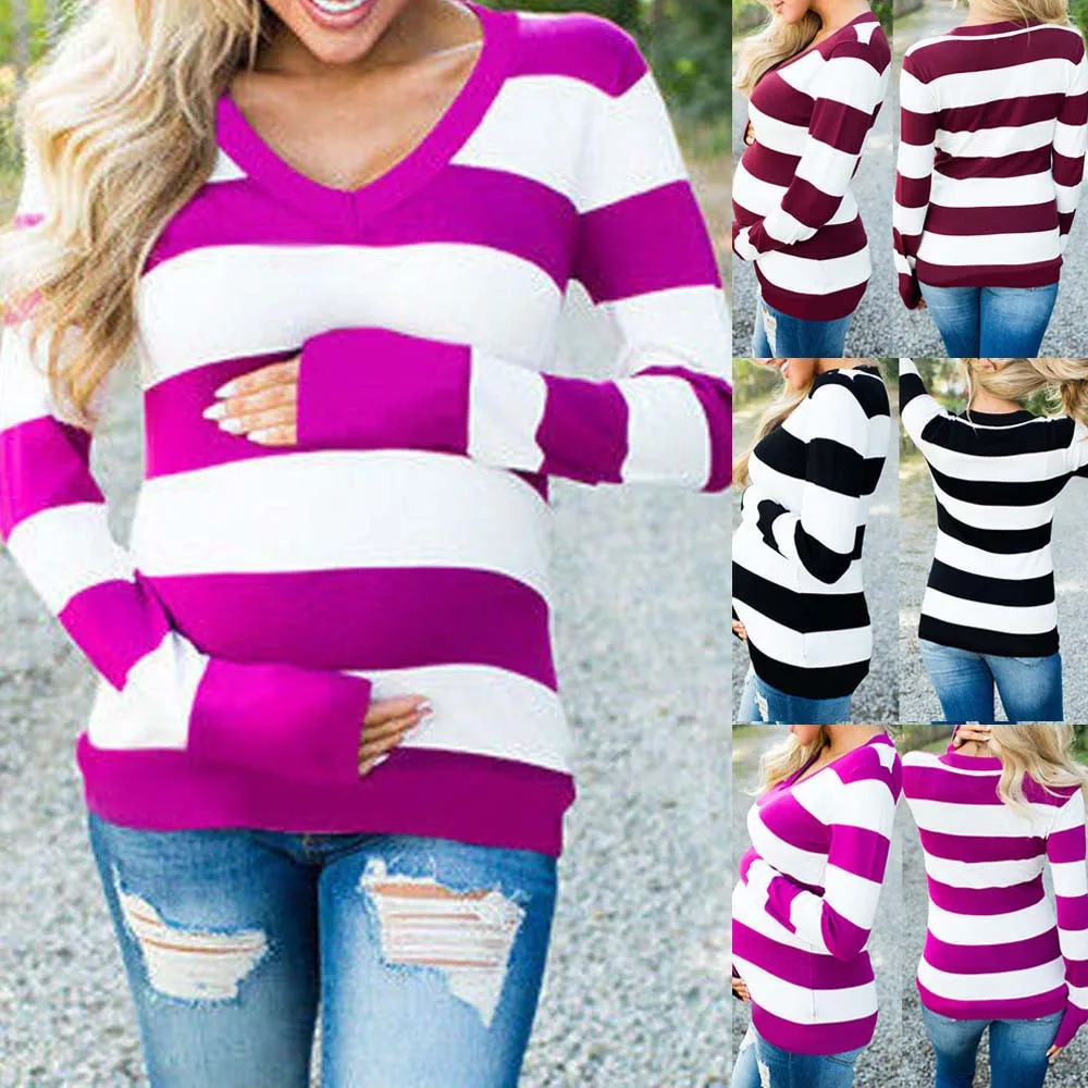 

Women Maternity Long Sleeve Strip Printed T-shirt Bottom Pregnant Tops Blouse V Neck maternity clothing zwangerschaps kleding