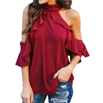 

Women's Chiffon Blouse Cold Shoulder Half Butterfly Sleeve Halter Women Tops Loose Shirt Summer Blouse Femme