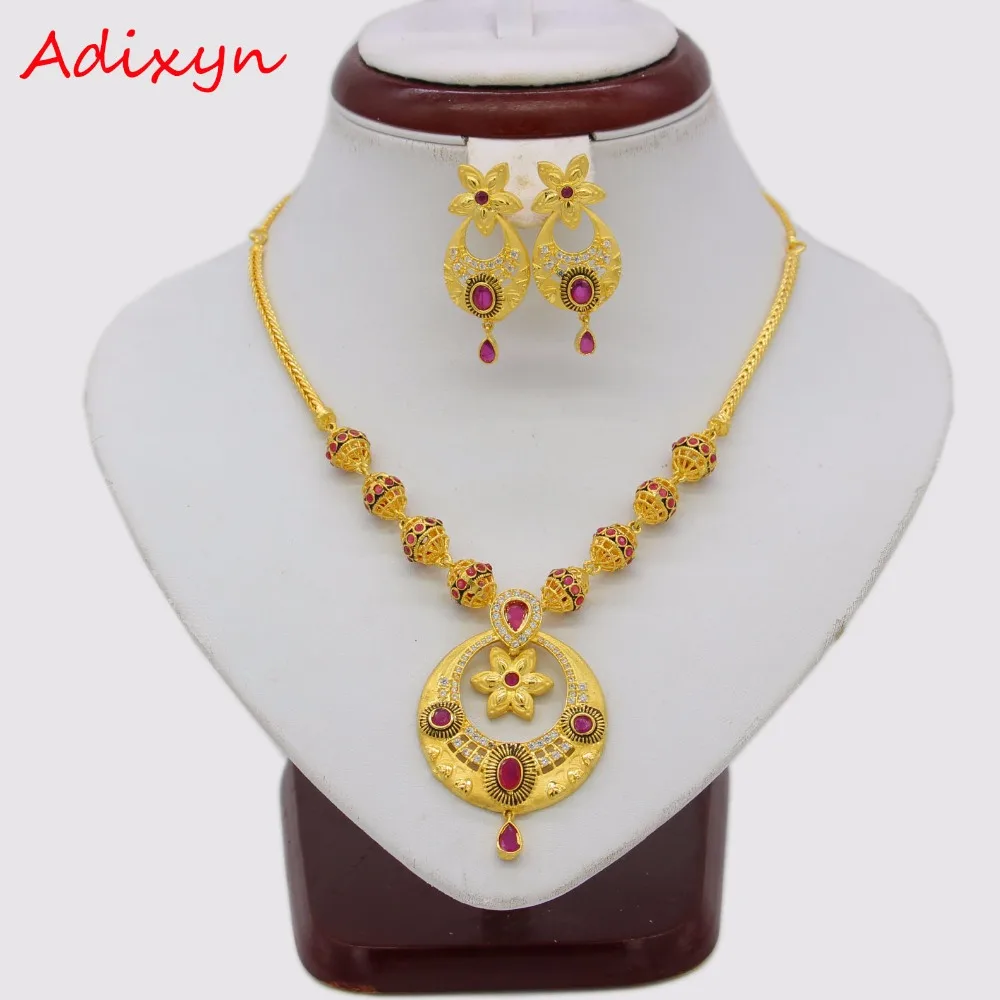 

Adixyn African Red Corundum Necklace/ Earrings Jewelry Set For Women Gold Color Cubic Zirconia Ethiopian Arabic India Items