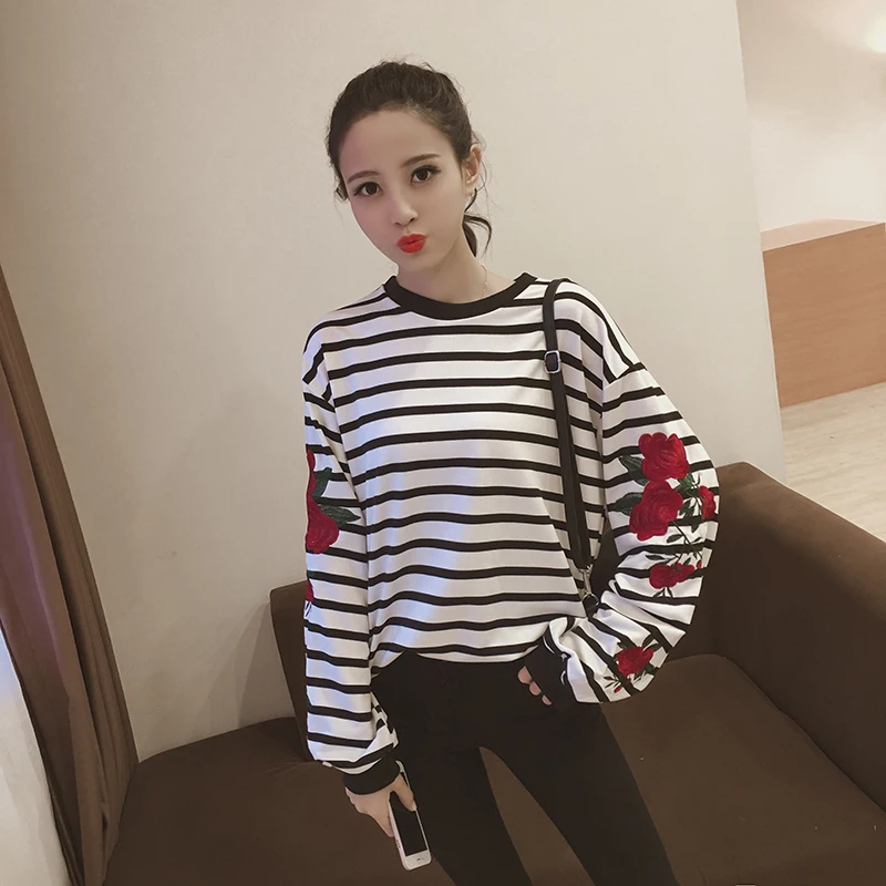 Roses Embroidery Lantern Sleeve Loose Striped Women Sweatshirt (25)