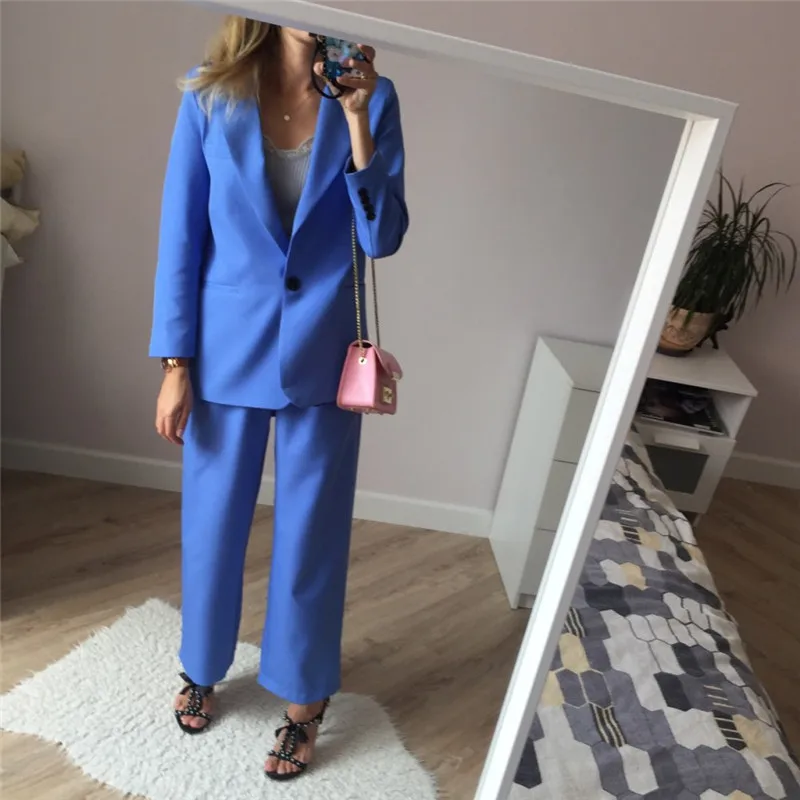 GCAROL новые женские комплекты из 2 предметов элегантный OL костюм и брюки с высокой талией плиссированные брюки весенние летние синие наряды