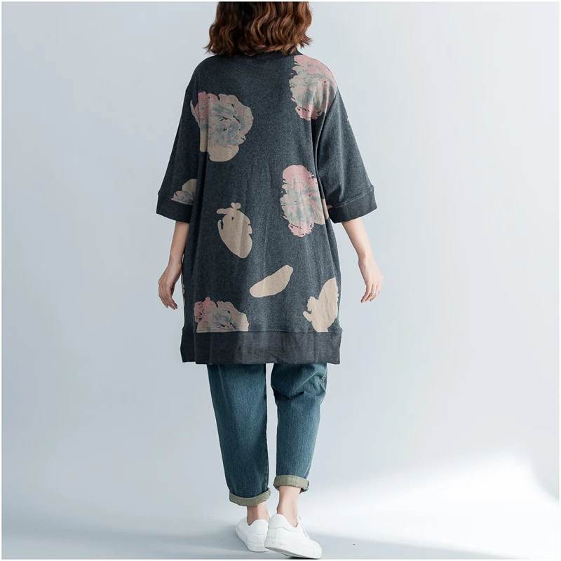  Plus Size Turtleneck Hoodies Long Sweatshirt Women Half Sleeve Print Autumn Tops Cotton Hoodie Loos