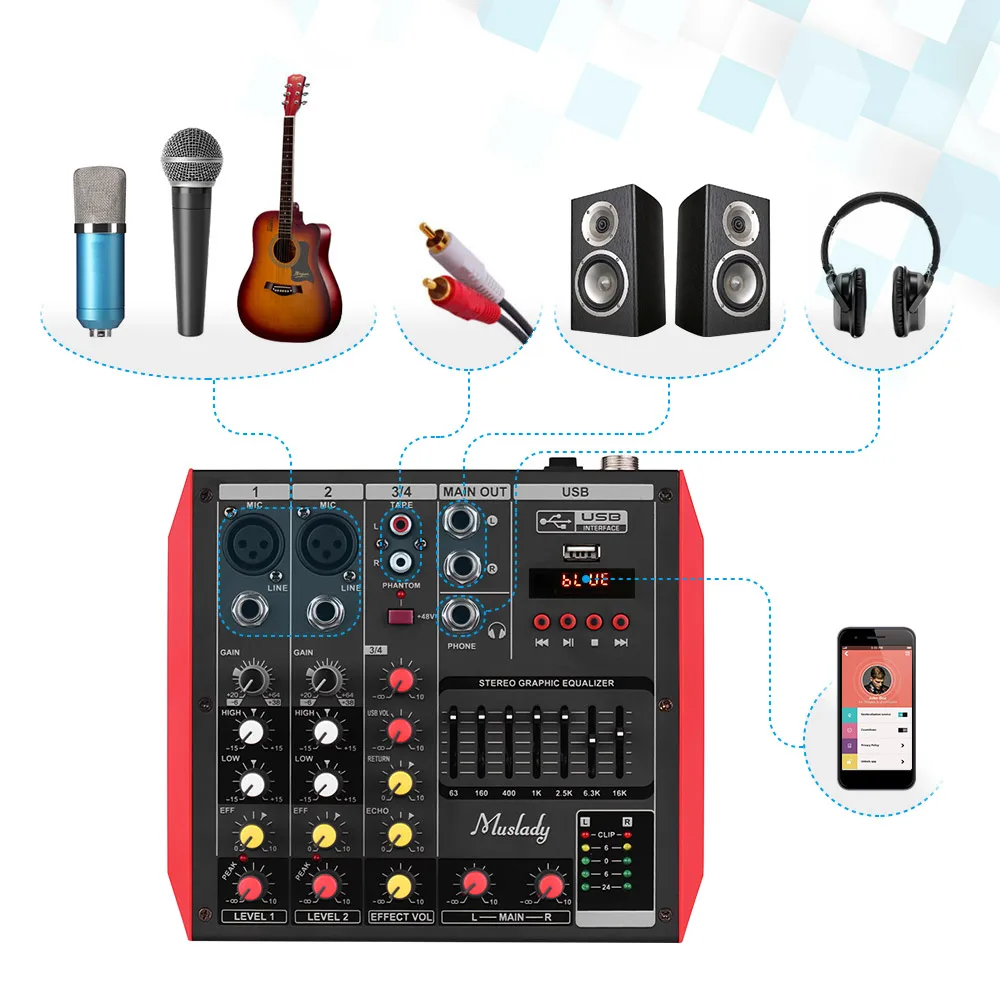 Muslady D6 Portable 6-Channel Mixing Console Mixer 7-band EQ Built-in 48V Phantom Power Supports BT Connection USB MP3 Player afbeelding