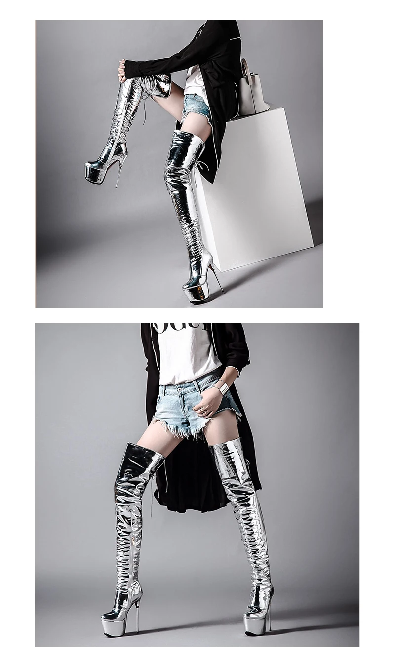 WETKISS/ г., модные женские ботфорты из лакированной кожи серебристого цвета на толстой платформе, обувь на высоком каблуке-шпильке, зимняя обувь