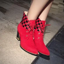 Pointy Toe Black Red Sheepskin Suede Stitching Plaid PU Lace-up Thick Heels Ankle Boots Discount Hot Sale Women Booties Shoes