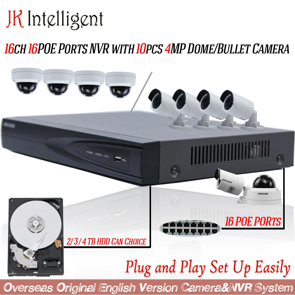 

16ch 16POE Ports NVR with 10pcs 4MP Dome or Bullet Camera CCTV Camera H264 CCTV Security System Kit Waterproof Outdoor Plug Play