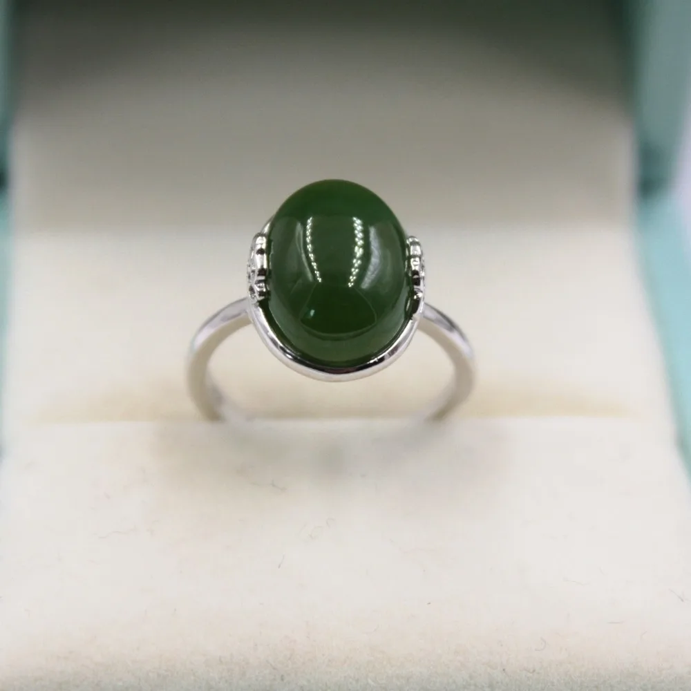 

New Arrival Real S925 Sterling Silver Natural Hetian Green Jade Women Oval Flower Ring 15x12mm