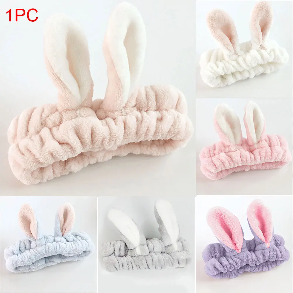 Women Fashion Makeup Headband Bath Rabbit Ears Hair Band Elastic Brimmed Soft Towel Girls Mask Tool Wash Face Coral Fleece Wide