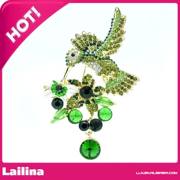 

2.95" Pretty Wings Hummingbird Flower Cluster Crystal Bird Brooch Pin ( Green Rhinestone )