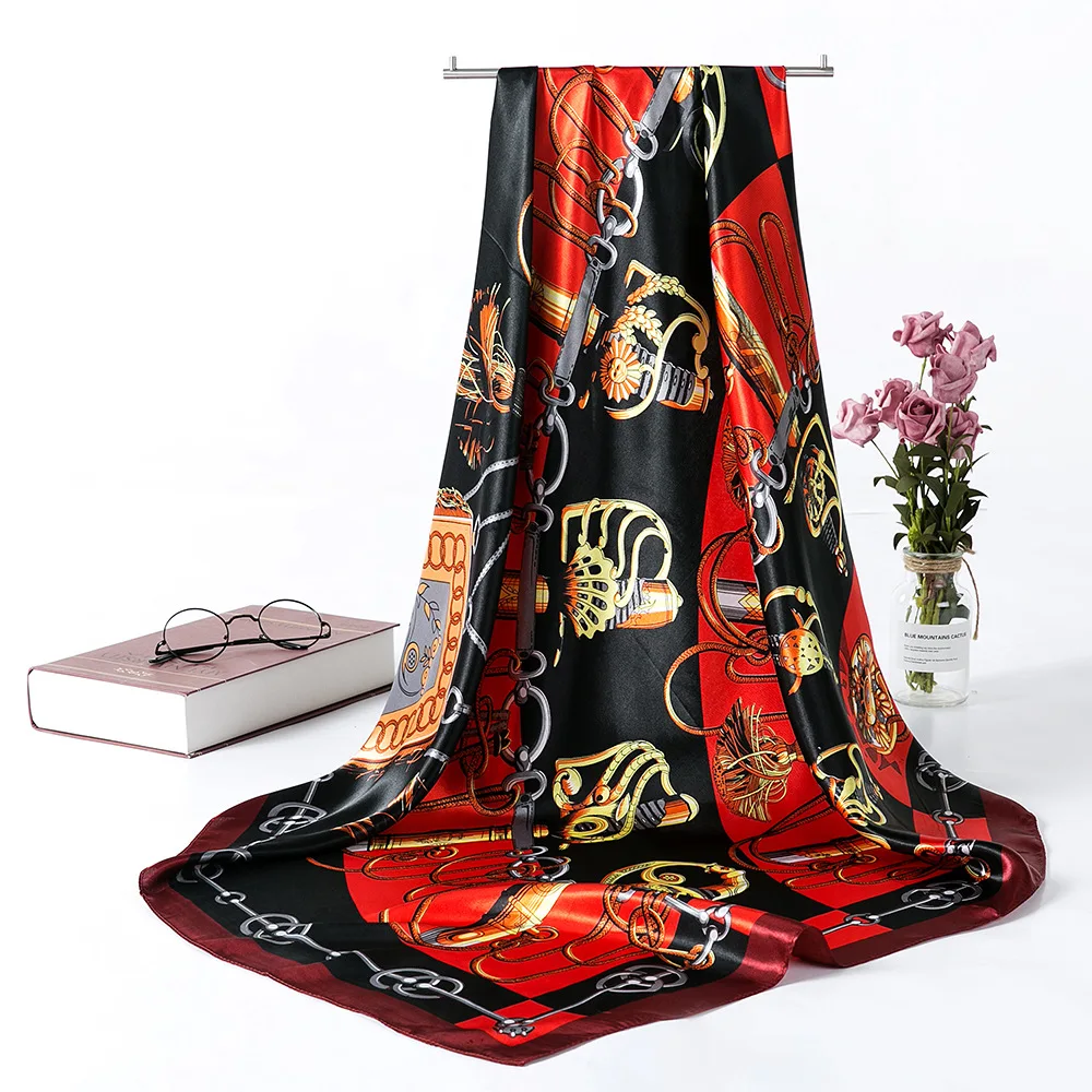 

90*90cm New Women Silk Scarf Print Hijab Shawl Foulard Square Head Stylish Female Femme Hair Tie Band Neck Wear Bandana