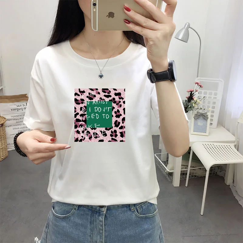 

Leopard letter Print Women T shirts 2019 Summer Short Sleeve O Neck plus size Tops korean New Arrival fashion minimalist fit Tee