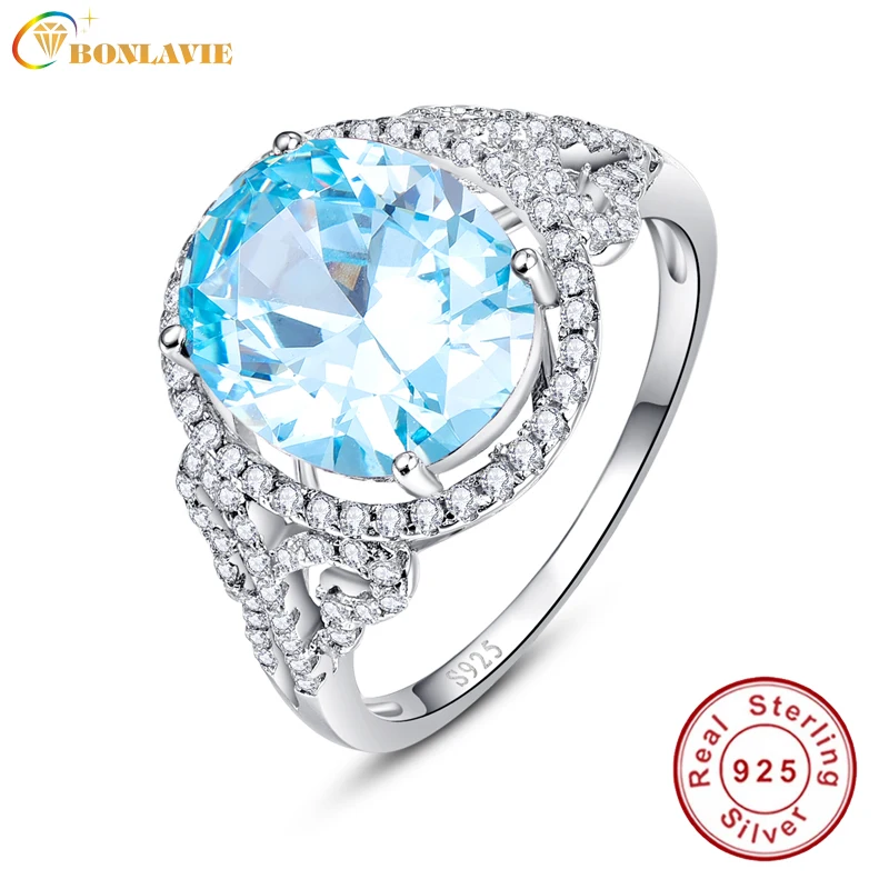 

BONLAVIE 925 Sterling Silver Micro Paved Cubic Zirconia Decorated Swiss Blue Topaz Cocktail Rings Fine Jewelry Gift for Friends