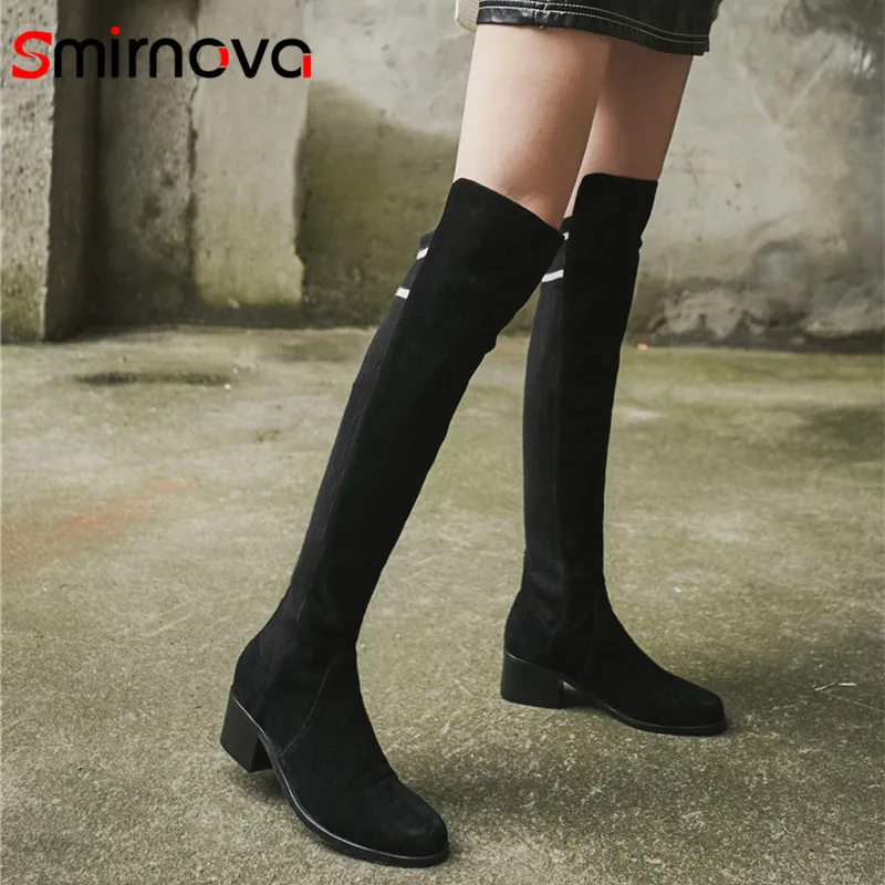 

Smirnova TOP fashion sock long boots 2018 knitting+genuine leather thigh high boots ladies black over the knee boots woman shoes