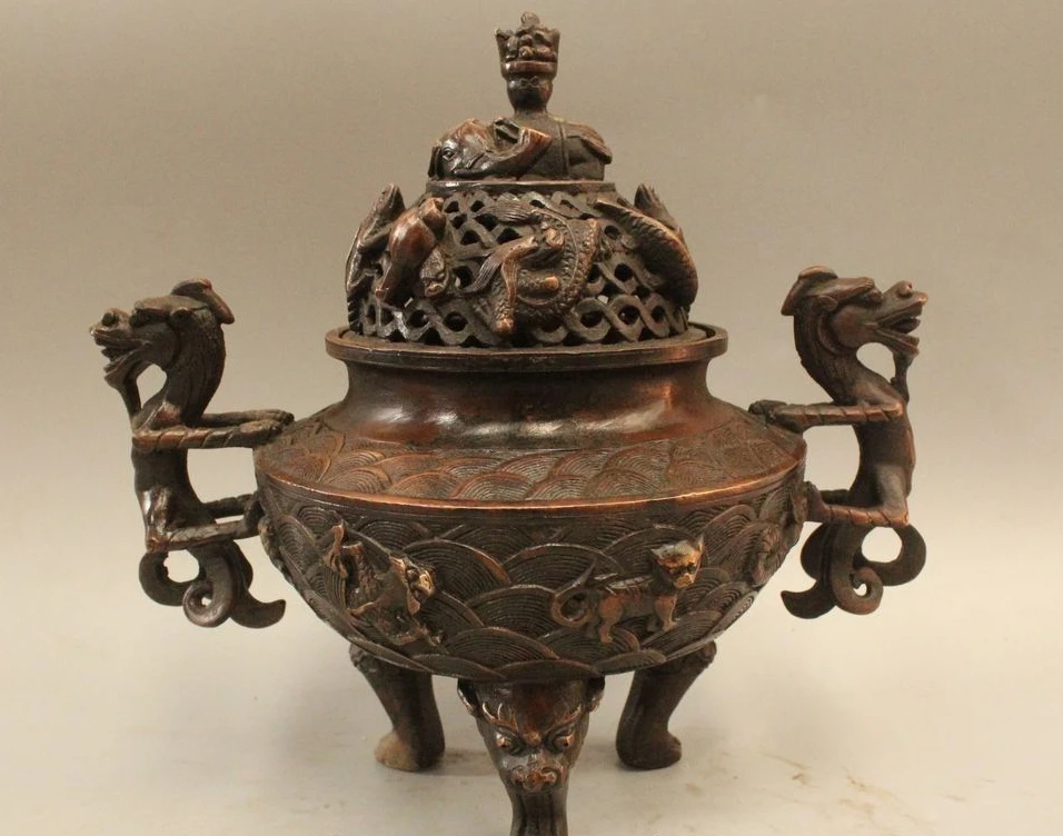 

9" Chinese Brass Elephant Zun Dragon Handle Fish Beast Incense Burner Censer