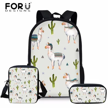 

FORUDESIGNS Cute Animal Alpaca Printing Primary School Bags for Girls 3pcs/set Book Bags Children Large Capacity School Bagpack