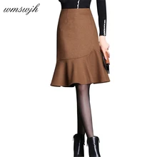 Зимняя модная женская юбка русалки с высокой талией, одноцветная, большой размер, длина по колено, шерстяные тонкие юбки, Женская офисная одежда, юбка