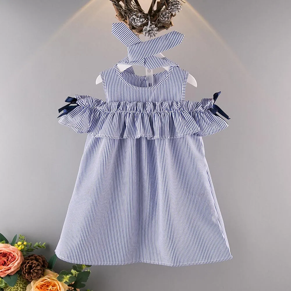

Children's Girls Off-shoulder Striped Ssleeveless Dress + Striped Blue Hair Band Set Summer Girls Clothing Sets Outfits Kids