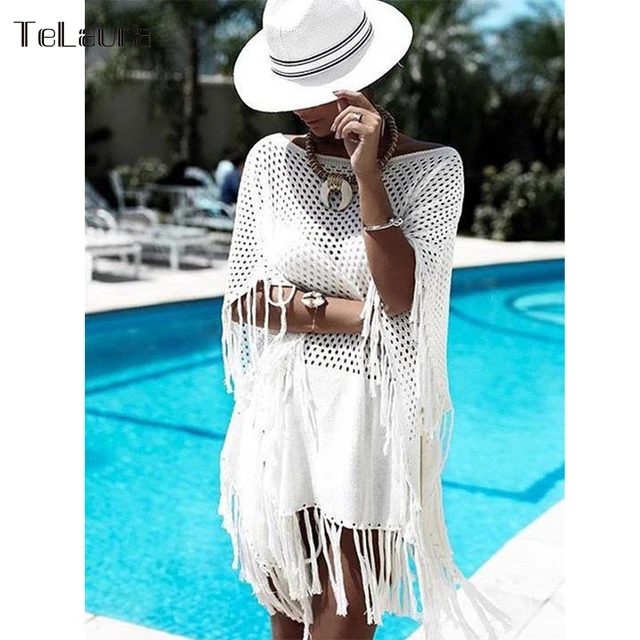 Special Price 2018 New Hollow Knitting Tasseled Beach Cover-ups Bikini Crochet Knitted Summer Beachwear Swimsuit Cover Up Sexy See-through