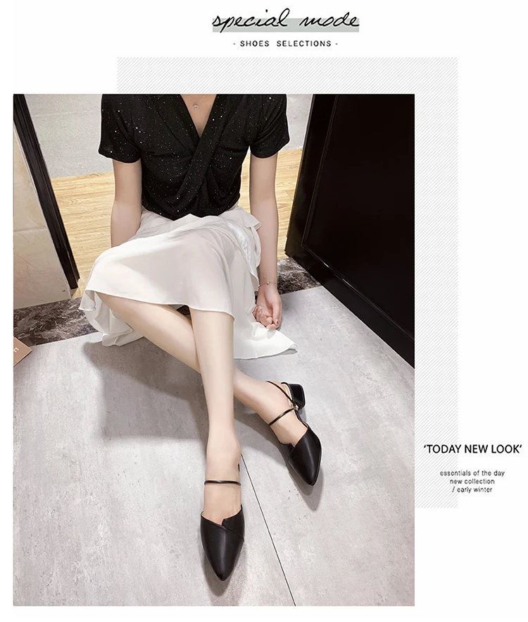 Party Women Mules Slipper Pointed Toe Block Strap Closed Shallow High Heels Shoes Sandals Black Beige Square heel Pumps