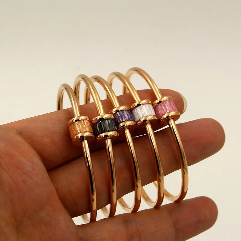 

High Quality Luxury Screw Opening Multi-color Crystal Bangle Top Quality Titanium Steel Rose Gold Woman Jewelry