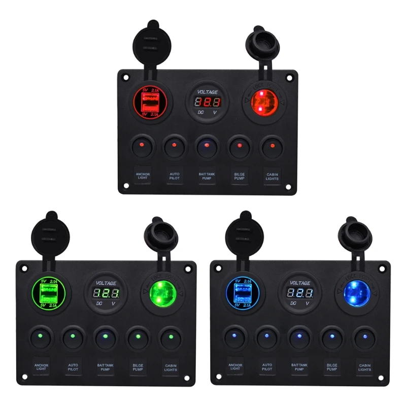 

5 Position Switch Panel LED Light Cigarette Lighter Dual USB Socket Voltmeter