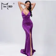 Missord женское сексуальное платье с глубоким v-образным вырезом и открытой спиной, женское платье с высоким разрезом, однотонное Макси элегантное платье FT19458 - Цвет: Фиолетовый
