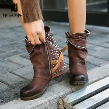 

Prova Perfetto Rivets Studded Ankle Boots for Women Autumn Winter Handmade High Boots Platform Rubber Flat Shoes Woman Botas