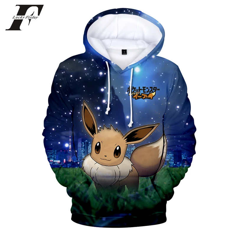 

LUCKYFRIDAYF 2018 Game Pokemon Go Pikachu Eevee 3D oversized Hoodies sweatshirts Men/Women Kawaii Anime Harajuku Clothes 4xl