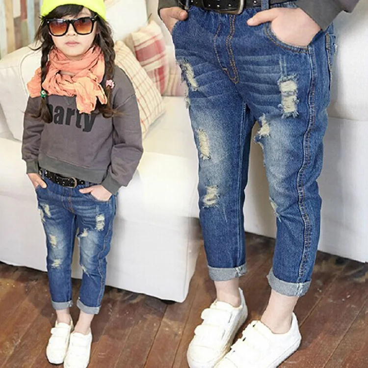 Kids Girl Jeans Fashion Denim Trousers Loose Straight Light Blue Pants