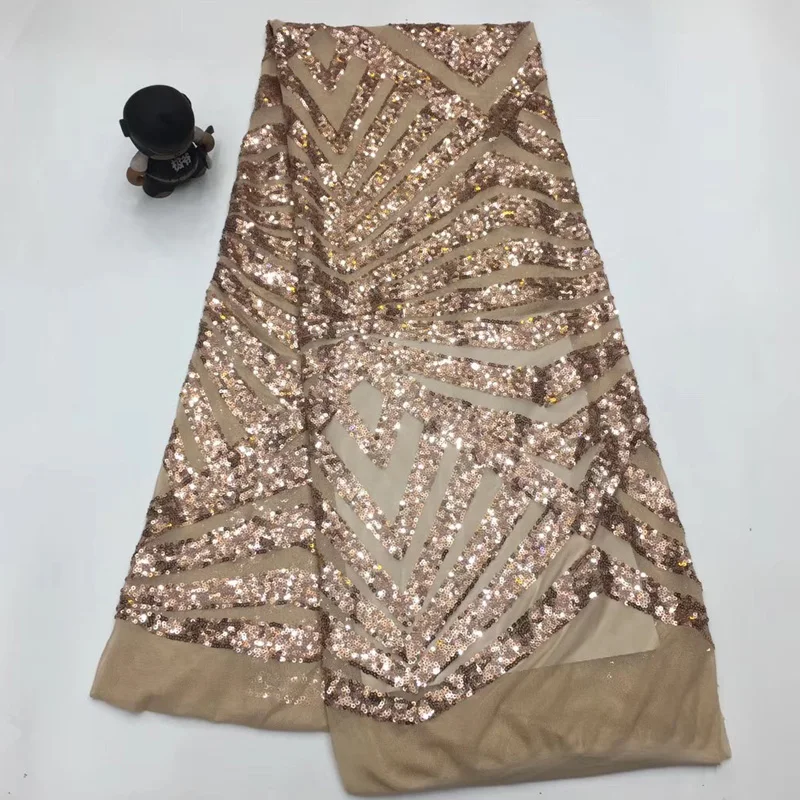 

(5yards/pc) 2019 latest African French net lace fabric champagne gold sequins tulle lace fabric for party dress FSQX28