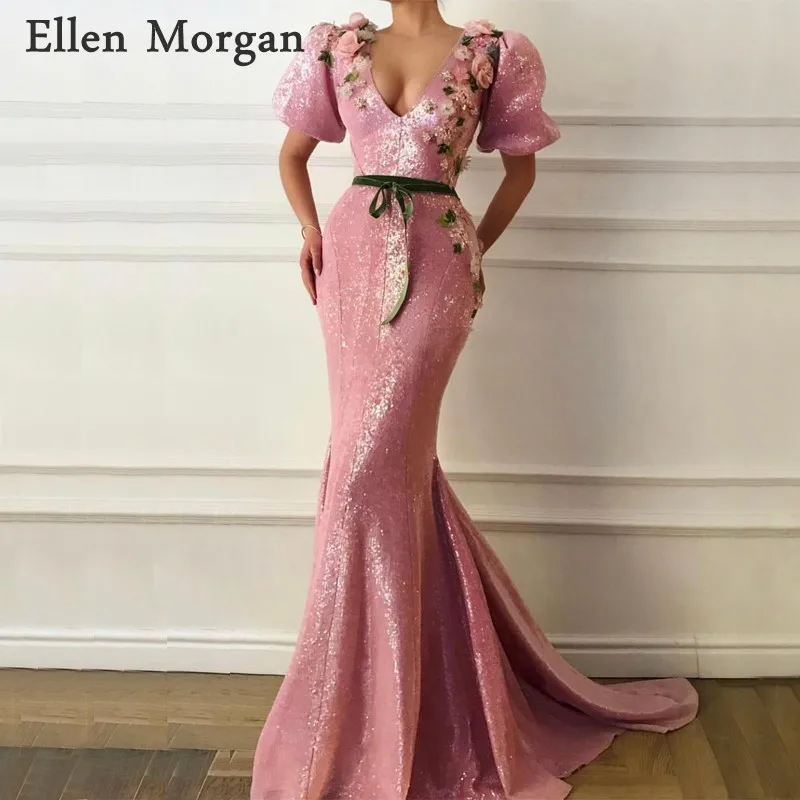 

Saudi Arabian Mermaid Evening Dresses 2019 Sequined V Neck Sweep Train Belts Dubai Caftan Zipper Elegant Formal Party Gowns