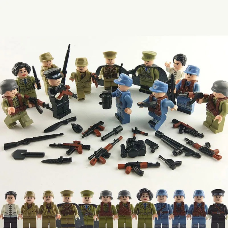 12pcs mini WW2 Army Military Building Blocks Japan China Small Soldier Officer Figure with Weapons Bricks Toys Collection gift