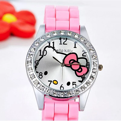 Relogio, женские часы с рисунком кота, женские, для мальчиков и девочек, детские наручные часы, Детские Силиконовые часы со стразами, часы Saati - Цвет: Розовый