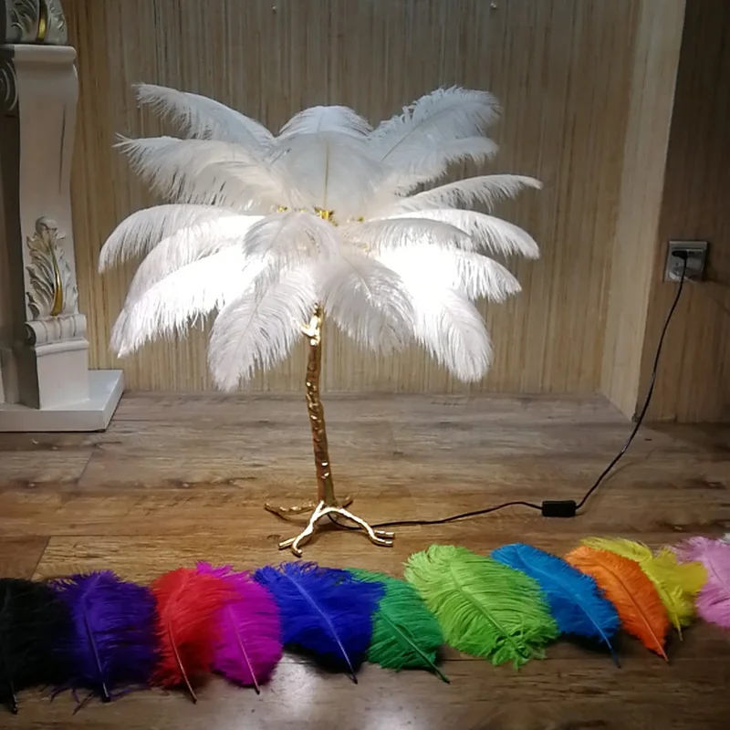  Nordic Copper Resin Gold Desk Lamp Ostrich Feather Bedside Lamp High-grade handmade tiffany lamps A