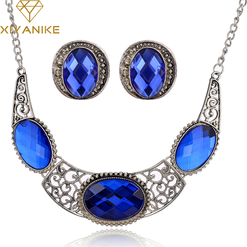 

XIYANIKE New Arrival Exaggerated Personality Three Colors Stone Necklace Earrings Jewelry Set For Women Conjunto De Joyas N373