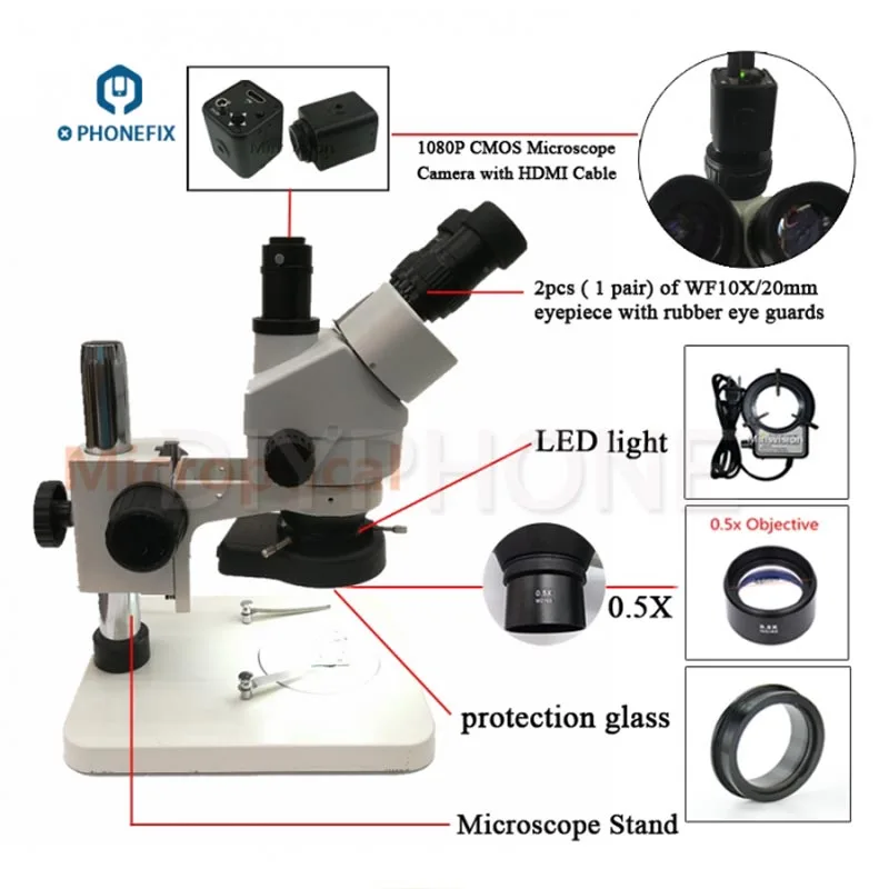 

1080P 7-45X Trinocular Stereo Microscope with HDMI CMOS camera LED light and 0.5X objective for Phone PCB Repair observation
