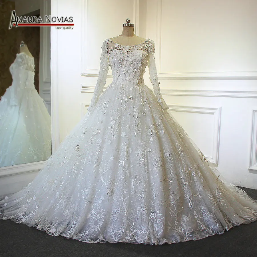 2017 Hot Sale Overlay Lace Long Sleeve Ball Gown Wedding Dress With ...