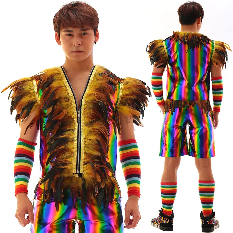 

New Male Multicolour Rainbow painting Leather Vest Shorts Costumes set Nightclub male singer party show stage performance wear