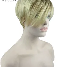 Короткий прямой блондин выделенный боковой обметанной челкой синтетический парик