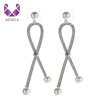 

Women Long Dangle Drop Earrings with Imitate Pearl and AAA+ Cubic Zirconia Zircon Earrings Bowknot Shape Light Luxury New